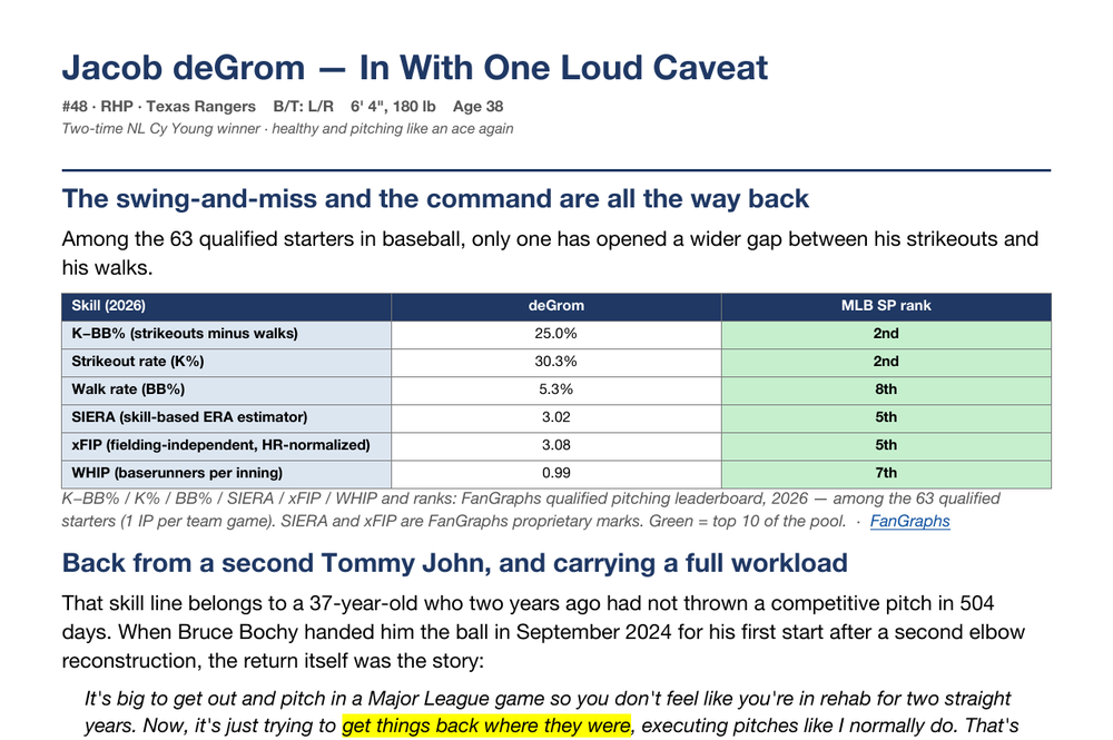 Chadwick packet page: Jacob deGrom editorial scouting write-up with a rank-highlighted table