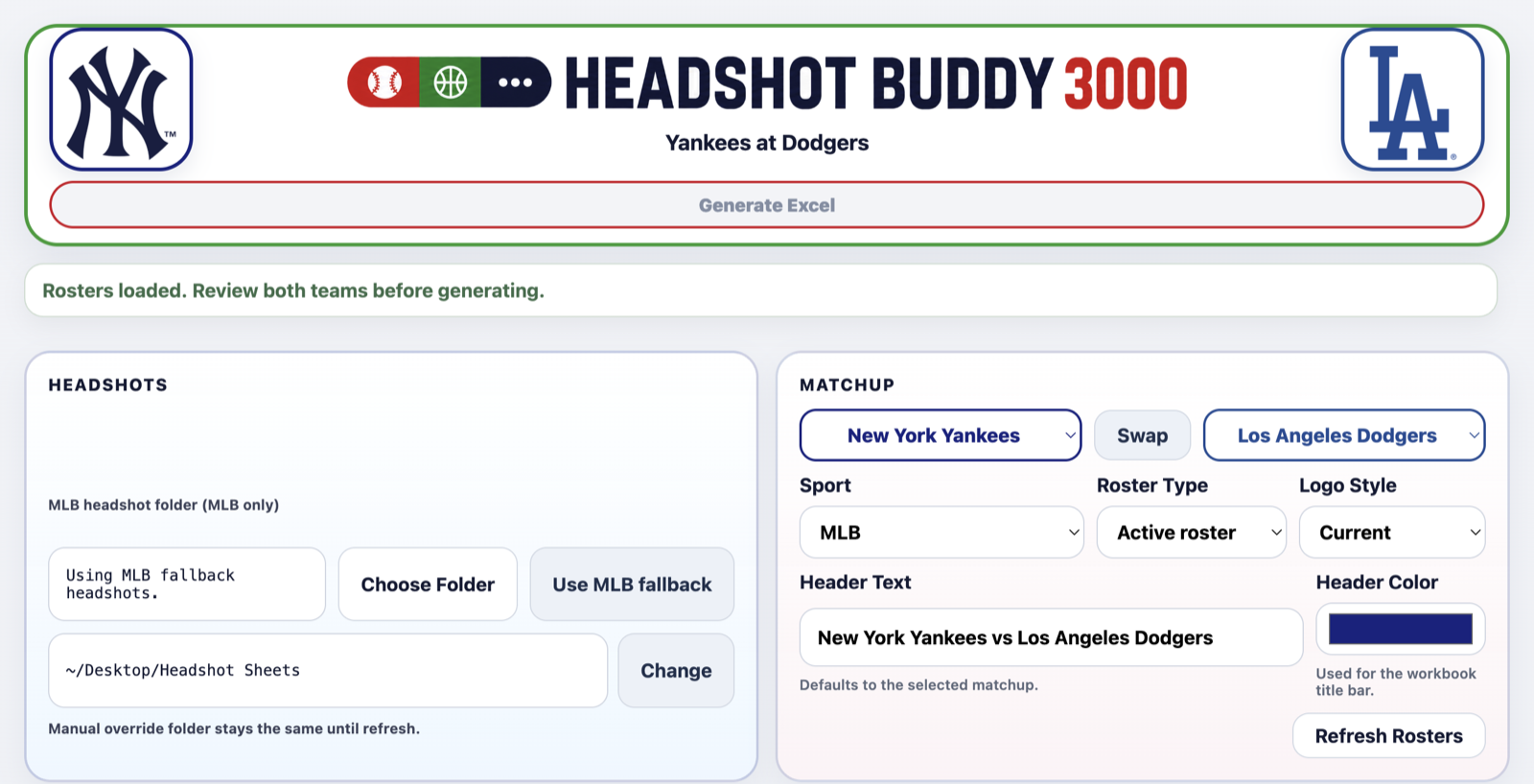 Headshot Buddy 3000 app showing a New York Yankees at Los Angeles Dodgers matchup with both rosters loaded
